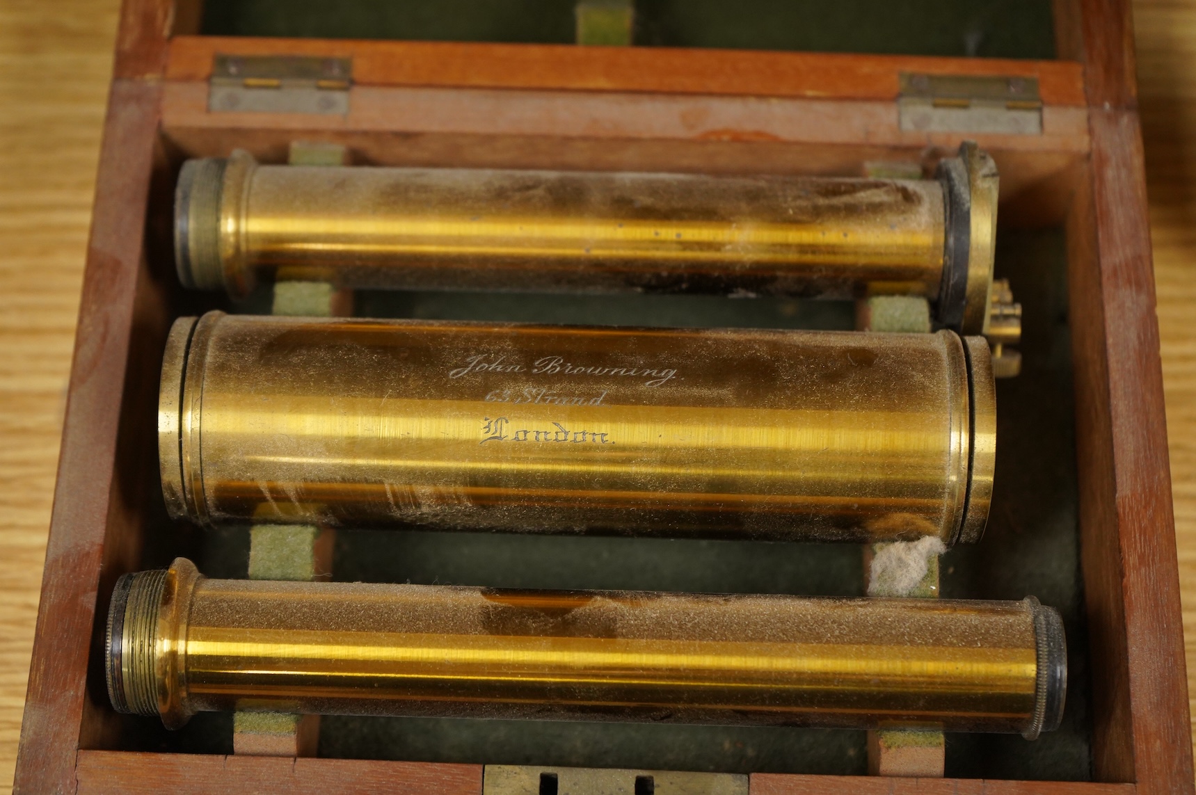 A late 19th century lacquered brass spectroscope, in three sections , by John Brown, 63, Strand, London, mahogany cased; 19 x 13.5 x 7cm